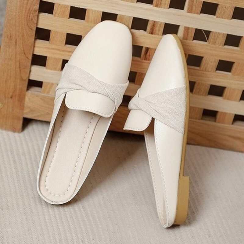 

Twist Square Toe Flat Mules, Beige