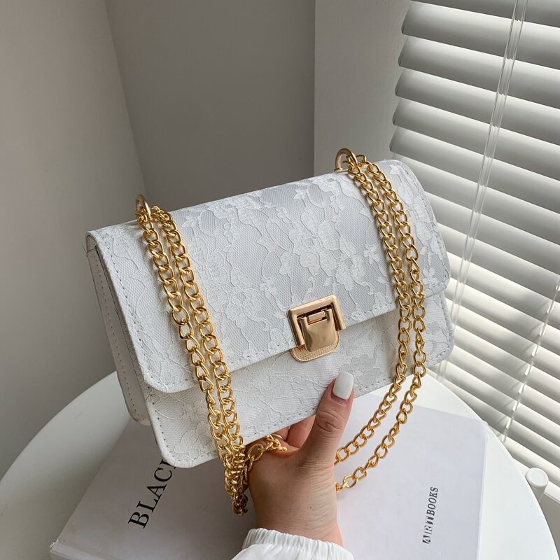 

Floral Lace Chain Crossbody Bag, White