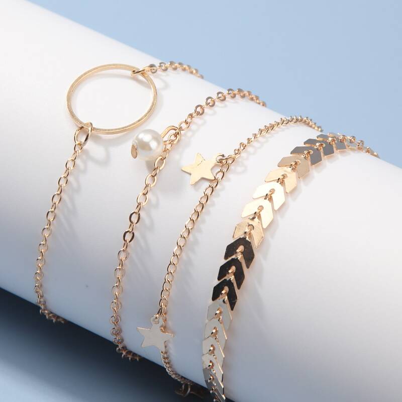 

4pcs Faux Pearl Chain Anklet, Gold