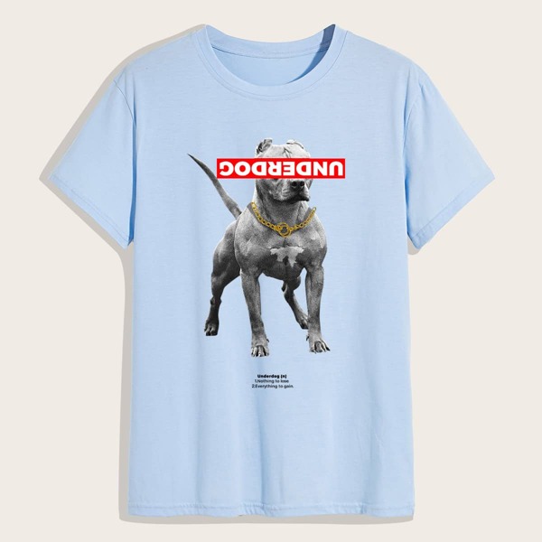 

Men Letter & Dog Graphic Tee, Baby blue