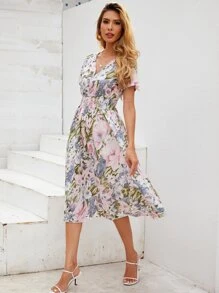 SHEIN VCAY Floral Shirred Waist Dress - Multicolor - View 4