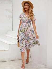 SHEIN VCAY Floral Shirred Waist Dress - Multicolor - View 5