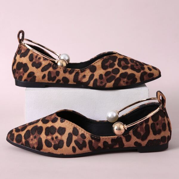 

Faux Pearl Decor Leopard Graphic Ballet Flats, Brown