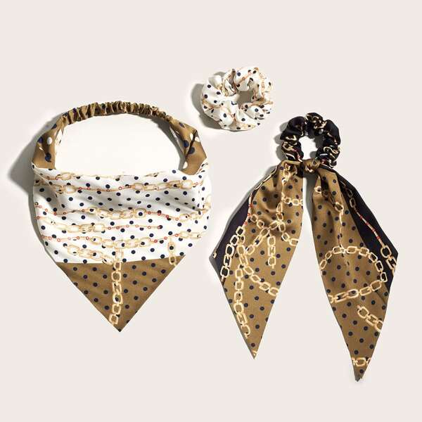 

3pcs Chain Print Hair Accessory Set, Khaki
