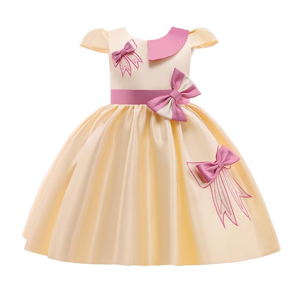 

Girls Bow Detail Puff Sleeve Gown Dress, Apricot