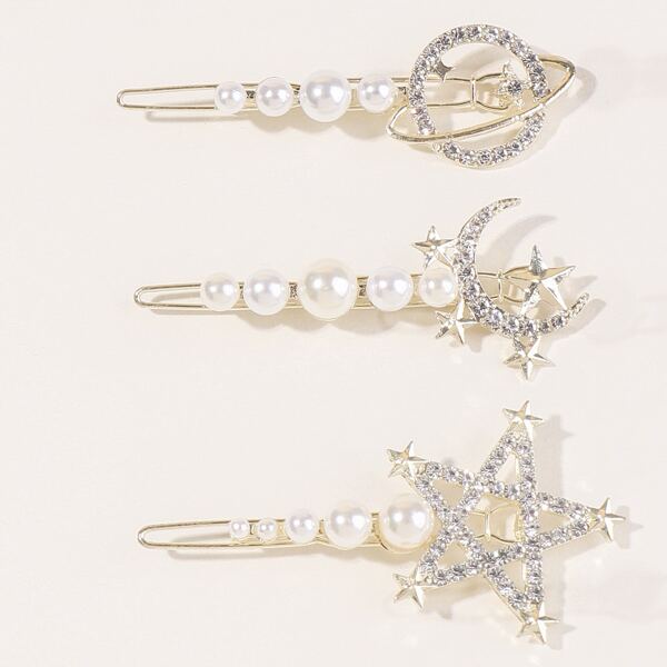 

3pcs Rhinestone Moon & Star Decor Hair Clip, Gold