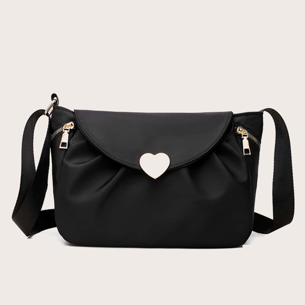 

Metal Heart Decor Ruched Bag, Black
