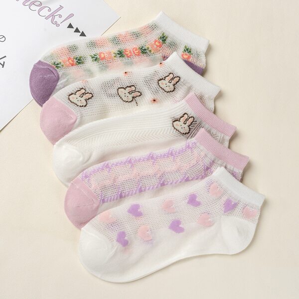 

5pairs Flower & Heart Print Socks, Multicolor