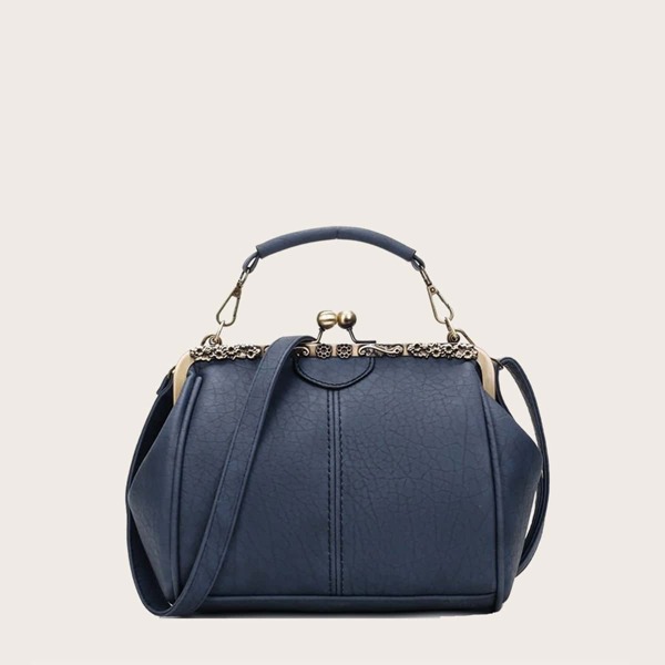 

Vintage Design Kiss Lock Satchel Bag, Navy blue