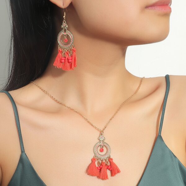 

Tassel Charm Necklace & 1pair Drop Earrings, Red