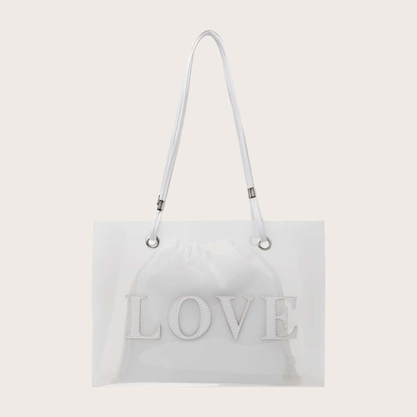 

Clear Slogan Graphic Tote Bag With Clutch Bag, White