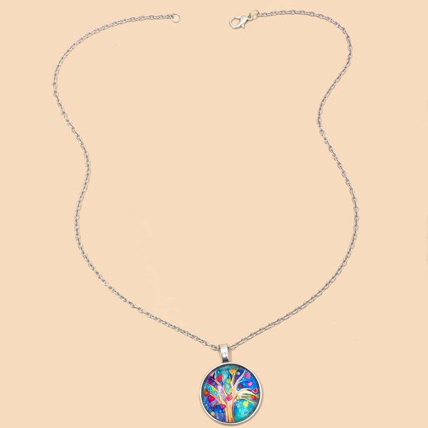 

Tree Pattern Round Charm Necklace, Multicolor