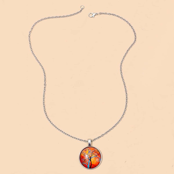 

Tree Pattern Round Charm Necklace, Orange