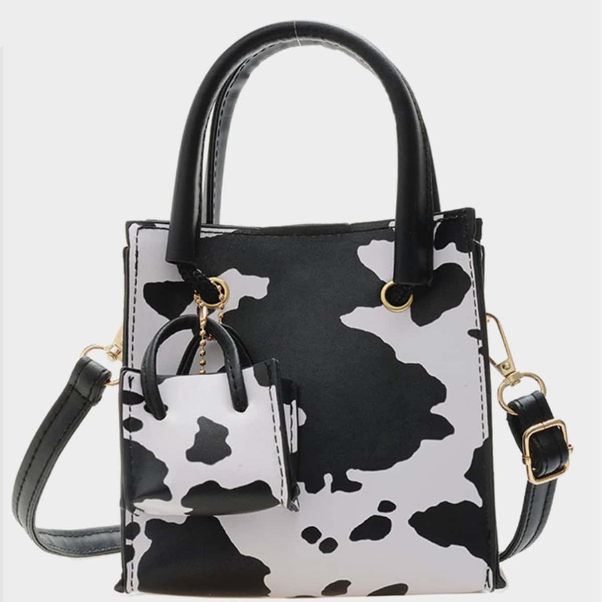 

Cow Print Bag With Mini Satchel Bag, Black and white