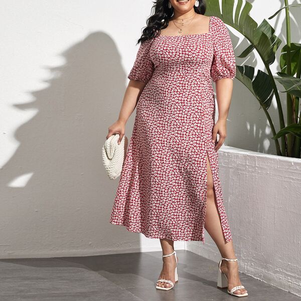 

Plus Ditsy Floral Print Split Thigh Dress, Red