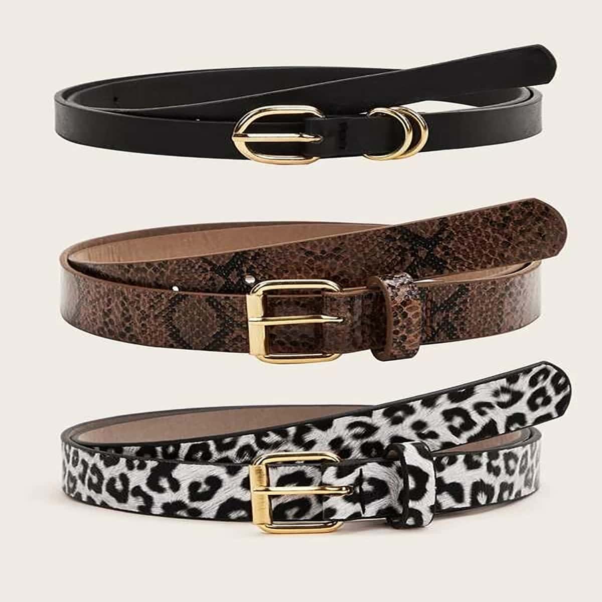 

3pcs Leopard & Snakeskin Pattern Belt, Brown