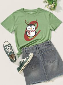 Penguin Print Crew Neck Tee - Green - View 1