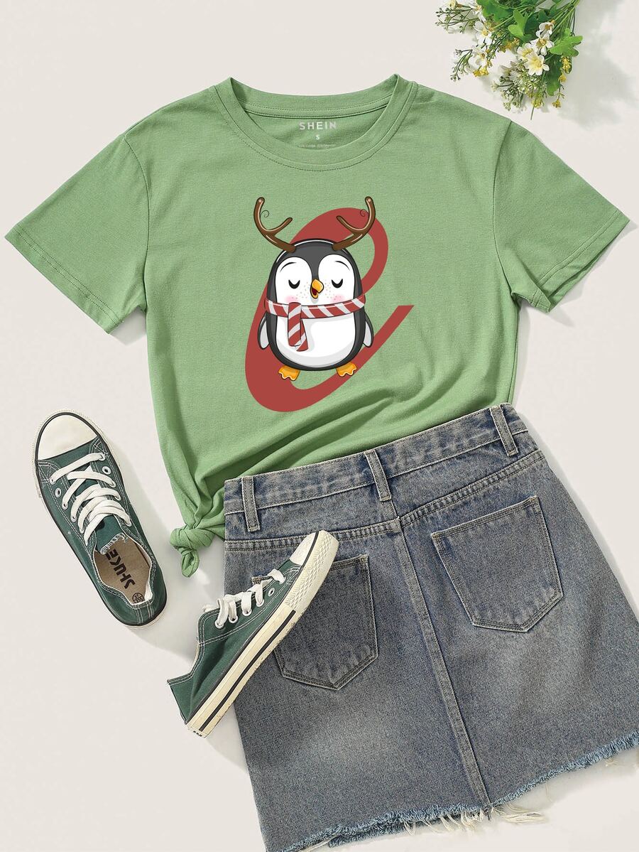 Penguin Print Crew Neck Tee - Green - View 1