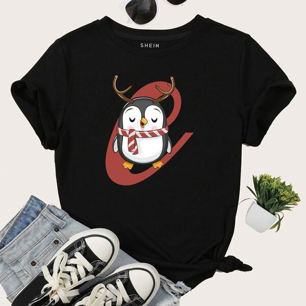 

Penguin Print Crew Neck Tee, Black