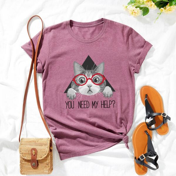 

Plus Cat And Slogan Graphic Tee, Mauve purple