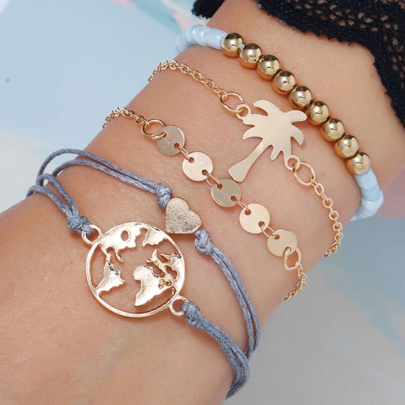 

5pcs Map & Heart Bracelet, Gold