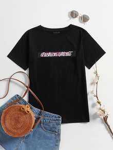 Striped & Letter Graphic Tee - Black - View 1
