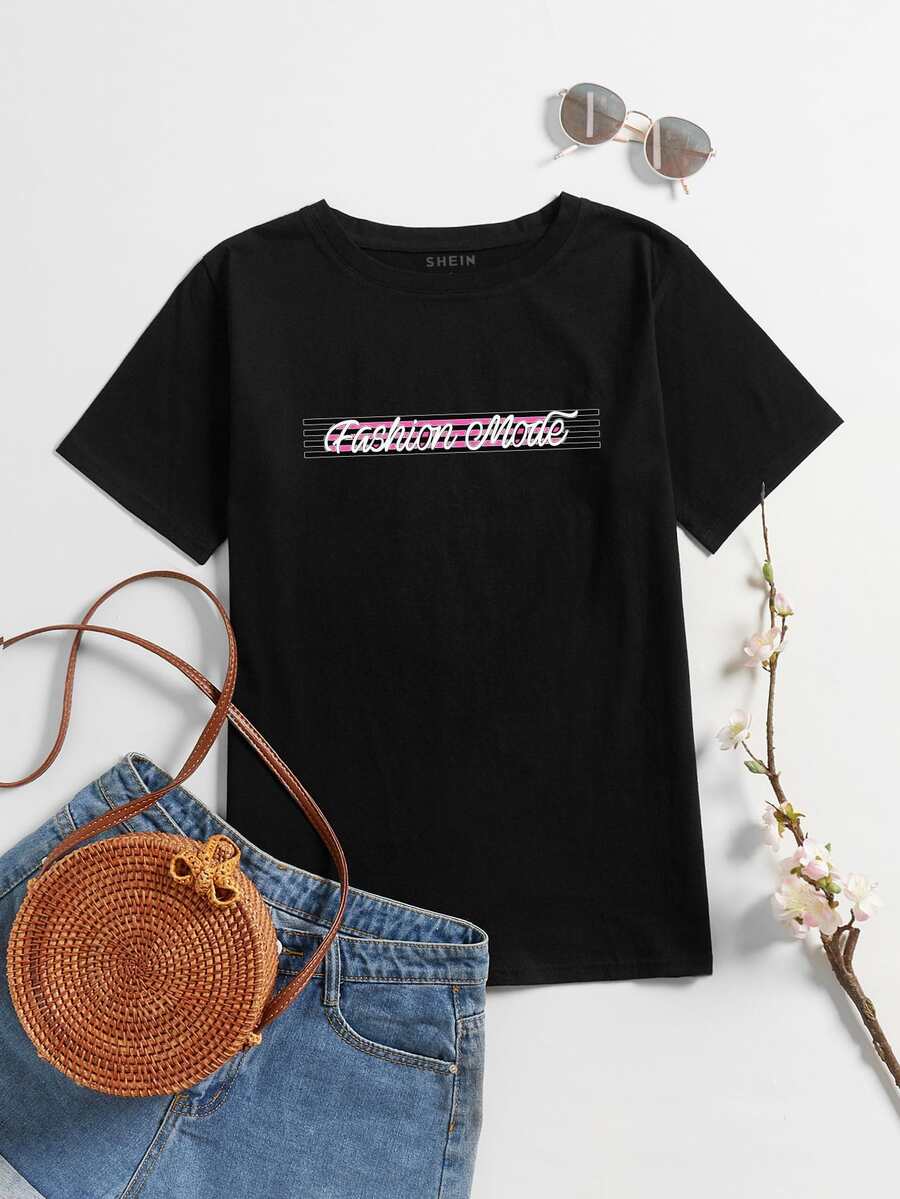 Striped & Letter Graphic Tee - Black - View 1