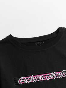 Striped & Letter Graphic Tee - Black - View 4