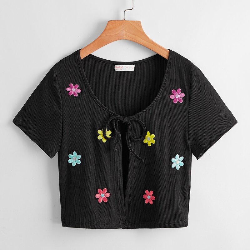 

Floral Embroidery Tie Front Ribbed Top, Black