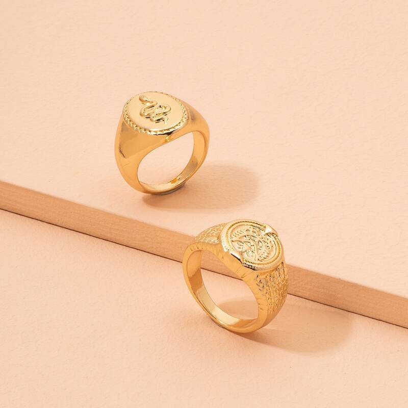 

2pcs Geo Engraved Ring, Gold