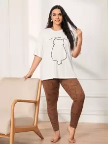 SHEIN 大碼卡通和字母圖案T恤和緊身褲套裝 - 彩色 - 查看 1