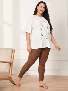 SHEIN 大碼卡通和字母圖案T恤和緊身褲套裝 - 彩色 - 查看 3