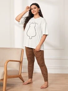 SHEIN 大碼卡通和字母圖案T恤和緊身褲套裝 - 彩色 - 查看 5