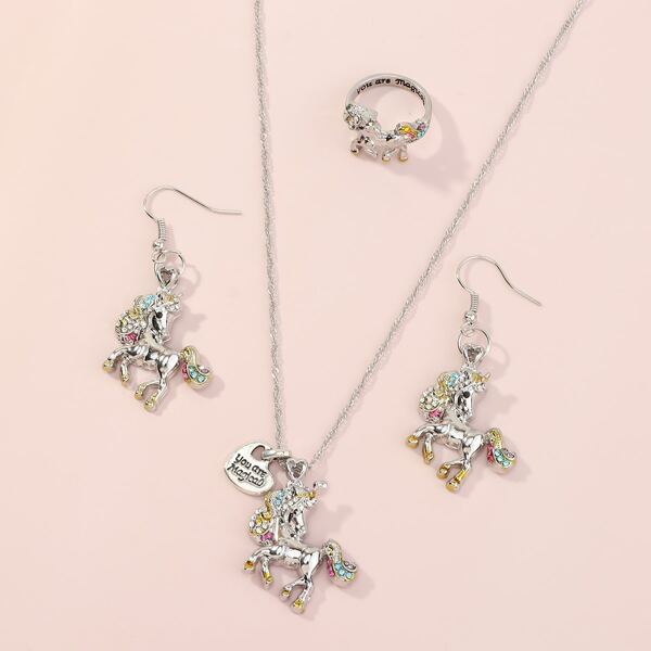 

4pcs Girls Cartoon Unicorn Jewelry Set, Multicolor