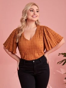 SHEIN Plus V-neck Butterfly Sleeve Textured Top - Brown - View 1