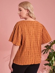 SHEIN Plus V-neck Butterfly Sleeve Textured Top - Brown - View 2