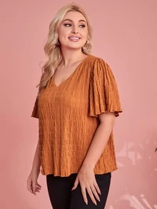 SHEIN Plus V-neck Butterfly Sleeve Textured Top - Brown - View 3