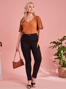 SHEIN Plus V-neck Butterfly Sleeve Textured Top - Brown - View 4