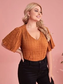 SHEIN Plus V-neck Butterfly Sleeve Textured Top - Brown - View 5