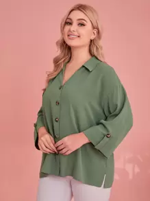 SHEIN Plus Roll Tab Sleeve Shirt - Green - View 1