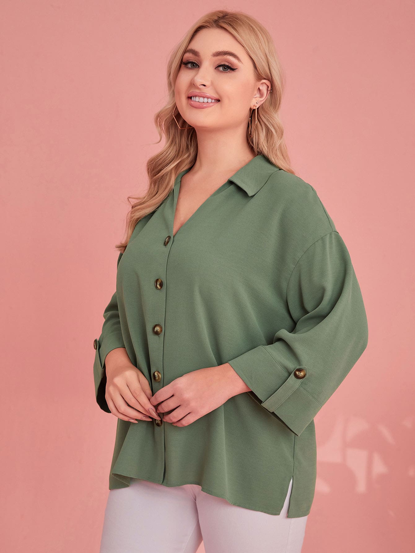 SHEIN Plus Roll Tab Sleeve Shirt - Green - View 1