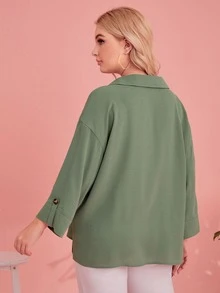 SHEIN Plus Roll Tab Sleeve Shirt - Green - View 2