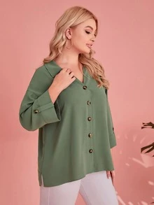SHEIN Plus Roll Tab Sleeve Shirt - Green - View 3