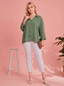 SHEIN Plus Roll Tab Sleeve Shirt - Green - View 4