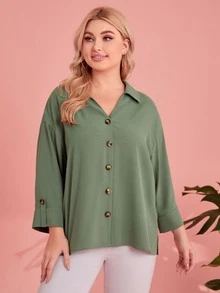 SHEIN Plus Roll Tab Sleeve Shirt - Green - View 5