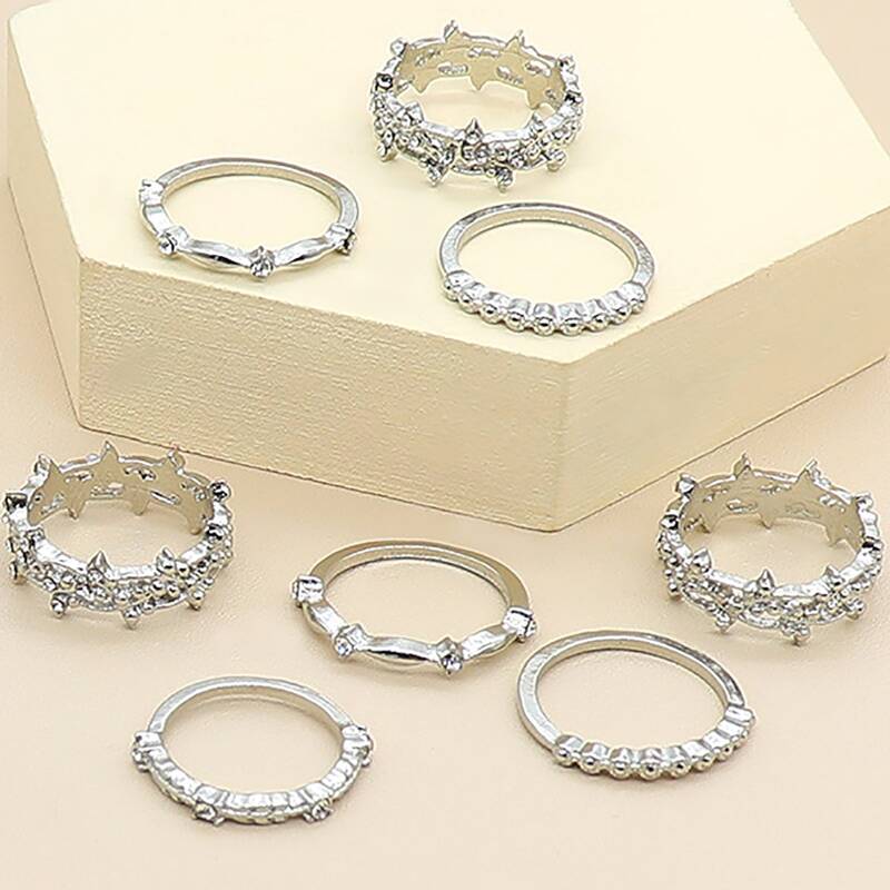 

8pcs Rhinestone Decor Ring, Silver