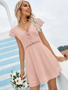 Vestido escote V de espalda abierta panel con encaje - Rosa Pálido - Ver 3