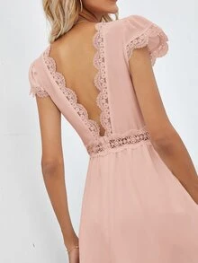 Vestido escote V de espalda abierta panel con encaje - Rosa Pálido - Ver 4