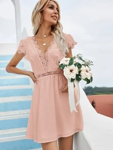 Vestido escote V de espalda abierta panel con encaje - Rosa Pálido - Ver 5