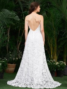 SHEIN Belle 低後蕾絲覆蓋吊帶洋裝帶面紗 - 白色 - 查看 2